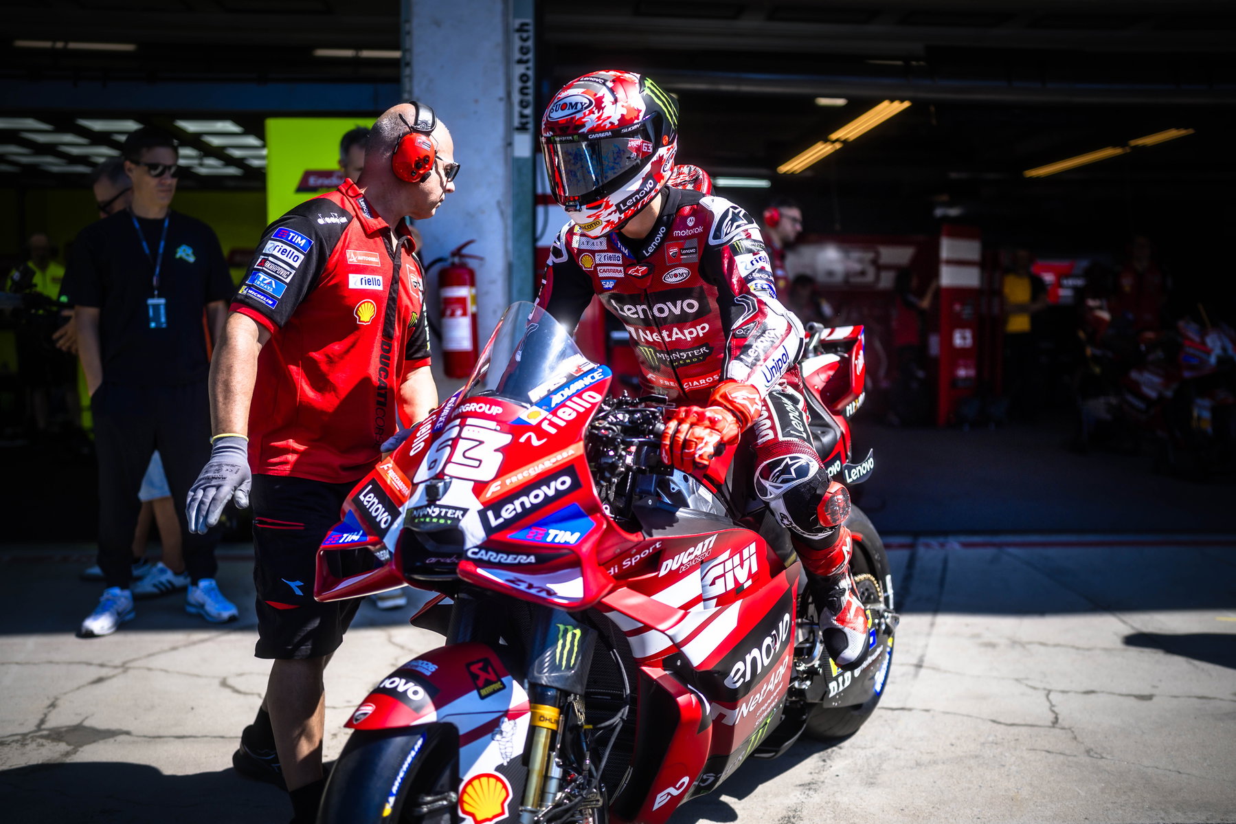 MotoGP Brno 2026: Ogura Claims Pole, Bagnaia Wins Sprint 6 Pecco Bagnaia rolls the Ducati Desmosedici out of the pit box – MotoGP Czech GP Brno 2026