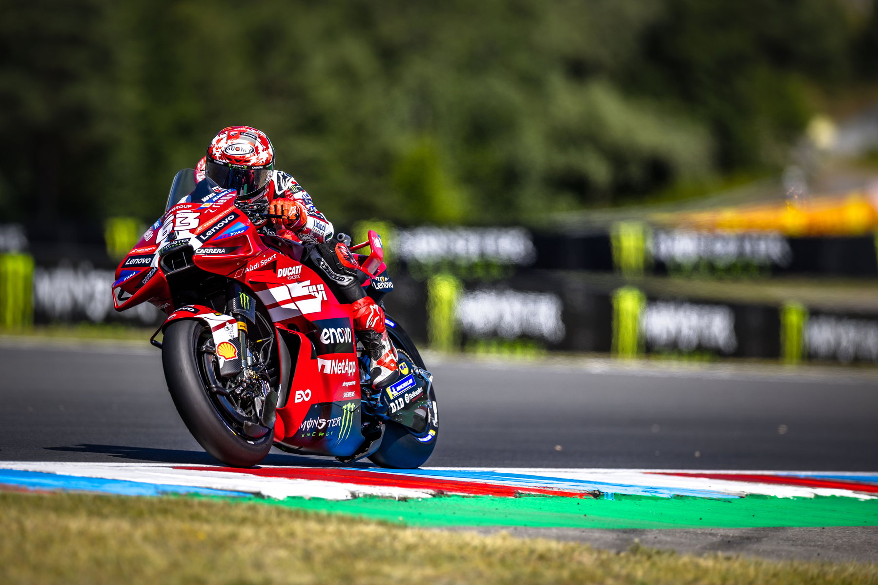 Bagnaia wins Brno Sprint: Bezzecchi crash costs championship points 2 Pecco Bagnaia on the Ducati Desmosedici in front of the Brno trees – MotoGP Czech GP Brno 2026