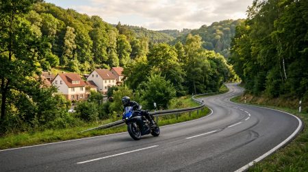B 54 im Aartal – Motorrad in Schräglage auf kurvenreicher Bundesstraße durch bewaldetes Mittelgebirgstal mit Wohnhäusern am Straßenrand