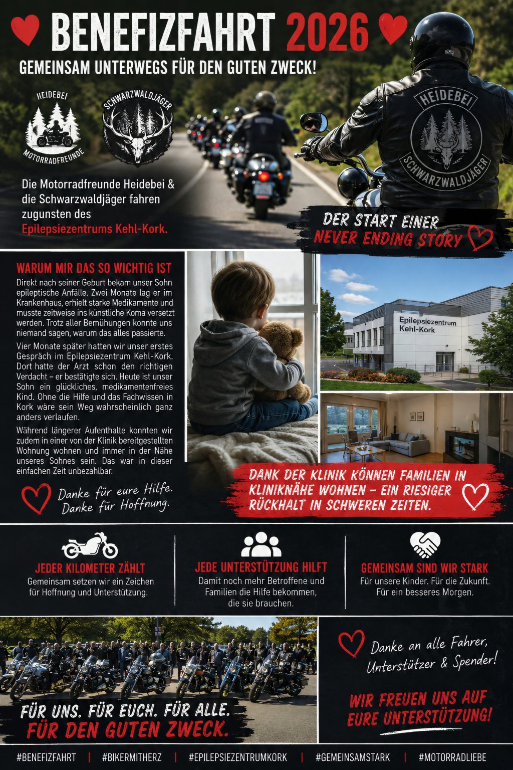 Werbeplakat der Benefizfahrt 2026 zugunsten des Epilepsiezentrums Kehl-Kork – Motorradfahrer der Gruppen Heidebei und Schwarzwaldjäger fahren auf einer Landstraße, darunter Logos beider Clubs, ein Foto des Epilepsiezentrums Kehl-Kork und der Aufruf ‚Gemeinsam unterwegs für den guten Zweck‘.