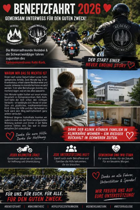 Werbeplakat der Benefizfahrt 2026 zugunsten des Epilepsiezentrums Kehl-Kork – Motorradfahrer der Gruppen Heidebei und Schwarzwaldjäger fahren auf einer Landstraße, darunter Logos beider Clubs, ein Foto des Epilepsiezentrums Kehl-Kork und der Aufruf ‚Gemeinsam unterwegs für den guten Zweck‘.