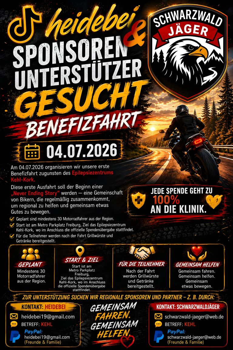 Benefizfahrt nach Kehl-Kork: Erste Tour soll zur festen Tradition werden Benefizfahrt Kehl-Kork 2026 – Veranstaltungsplakat mit Motorradfahrer-Silhouette im Schwarzwald, Aufruf zur Sponsorensuche für die Benefizfahrt am 4. Juli 2026 zugunsten des Epilepsiezentrums Kehl-Kork, organisiert von heidebei und den Schwarzwald Jägern