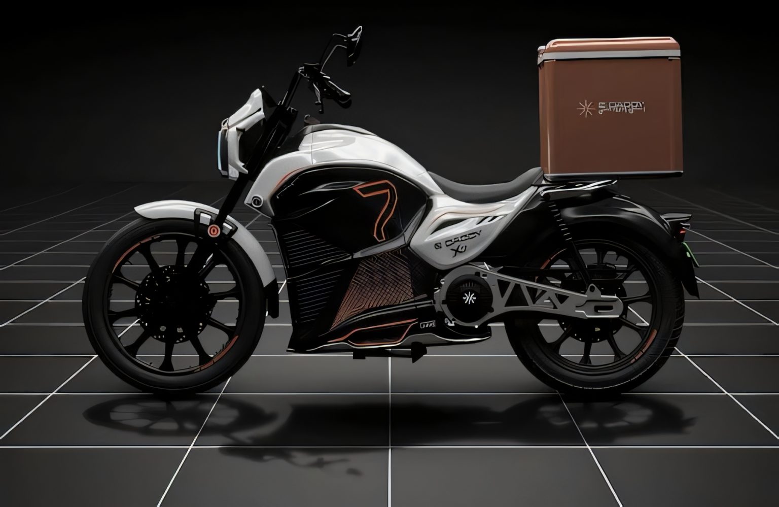 E Daddy X7-Serie: Dubai stellt vernetzte Elektro-Plattform vor E Daddy X7 2025 – Seitenansicht des Elektro-Motorrads in Weiß-Schwarz mit kupferfarbenen Akzenten und Lieferbox auf der Thunderbolt-X-Plattform im Studio