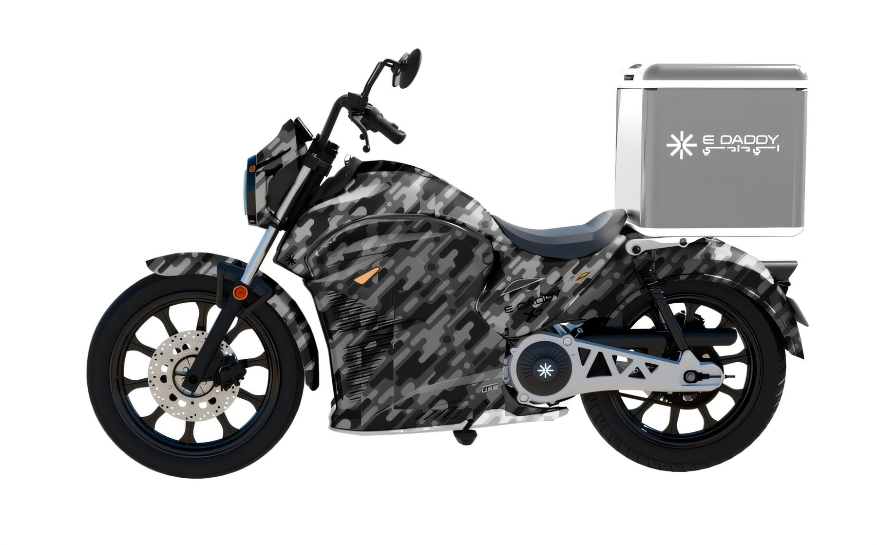 E Daddy X7-Serie: Dubai stellt vernetzte Elektro-Plattform vor 3 E Daddy X7 2025 – Seitenansicht in dunkelgrauem Camouflage-Design mit silberner E-Daddy-Lieferbox, blauem Sitz und Elektromotor-Nabenantrieb vor weißem Hintergrund