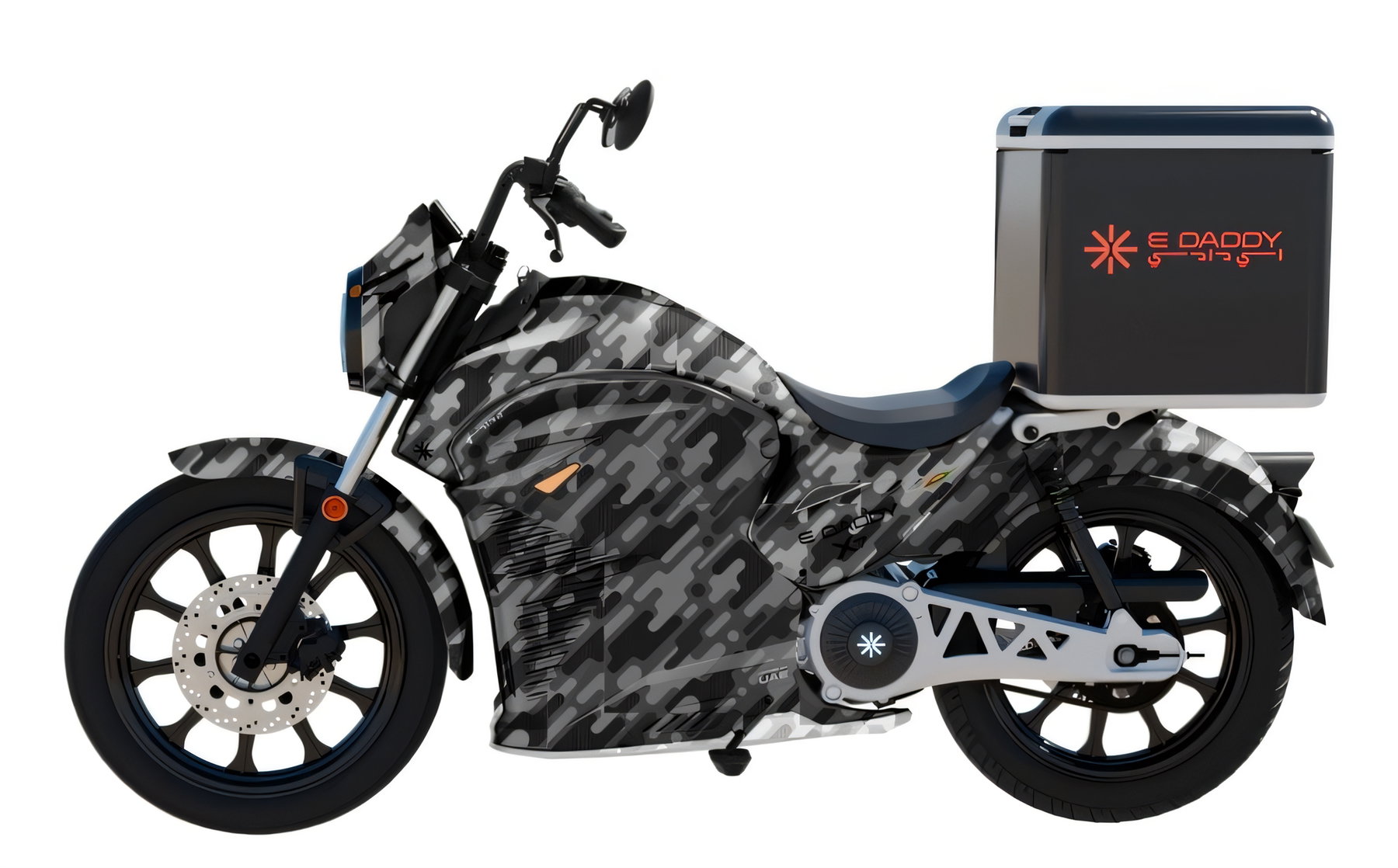 E Daddy X7-Serie: Dubai stellt vernetzte Elektro-Plattform vor 6 E Daddy X7 Thunderbolt 2025 – Seitenansicht in schwarz-grauem Camouflage-Design mit schwarzer Lieferbox mit rotem E-Daddy-Logo, Cruiser-Silhouette vor weißem Hintergrund
