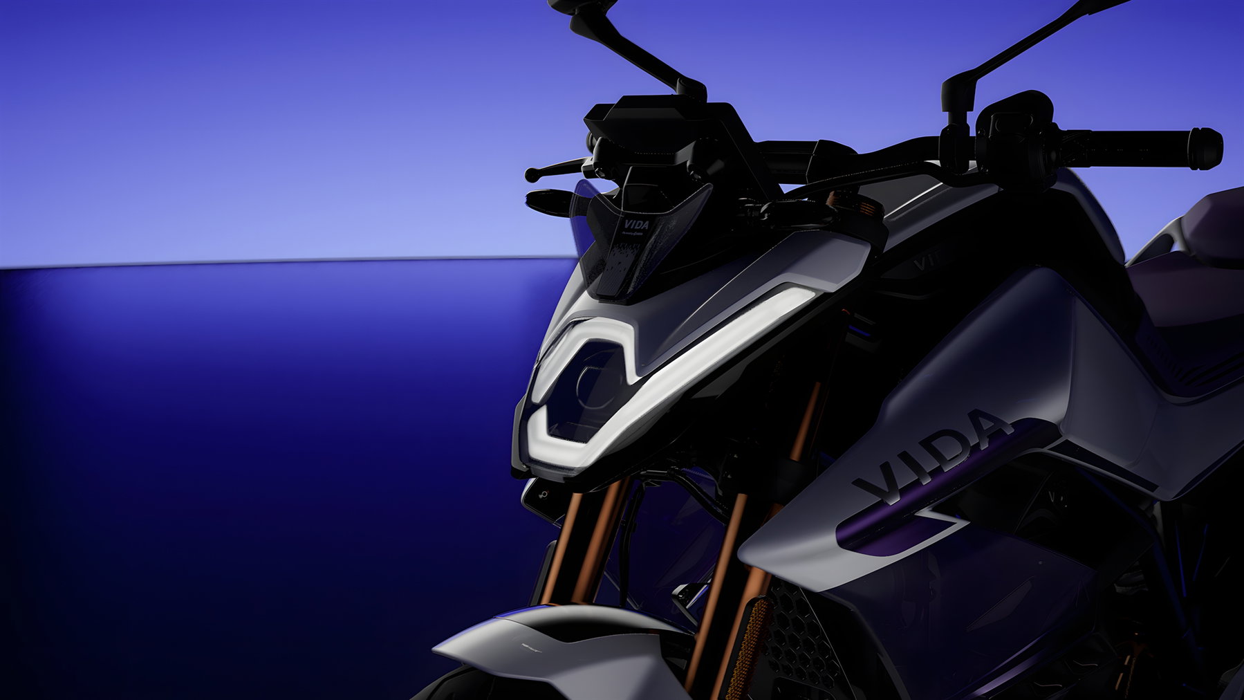 Hero VIDA Project VxZ – Elektro-Konzeptmotorrad Frontpartie mit LED-Scheinwerfer und USD-Gabel auf violett-blauem EICMA-Hintergrund