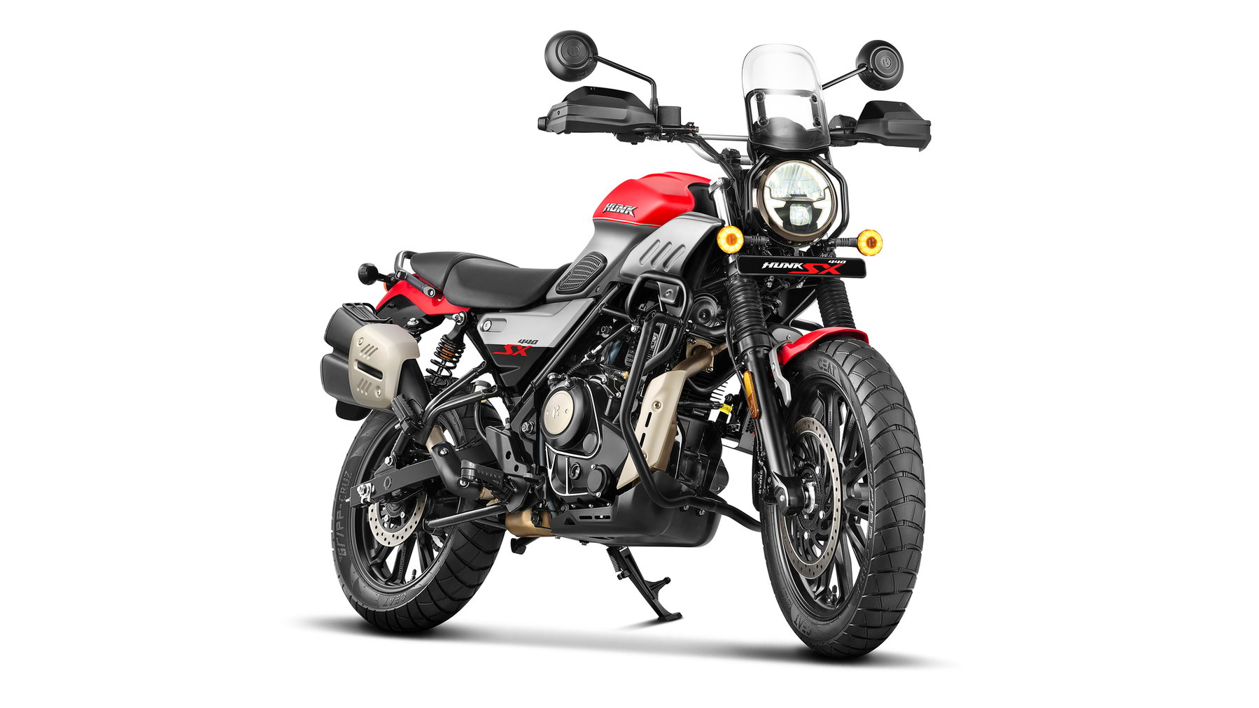 Hero Hunk 440 SX – Scrambler-Studiofoto in Rot-Grau mit rundem LED-Scheinwerfer, Sturzbügel und Handprotektoren