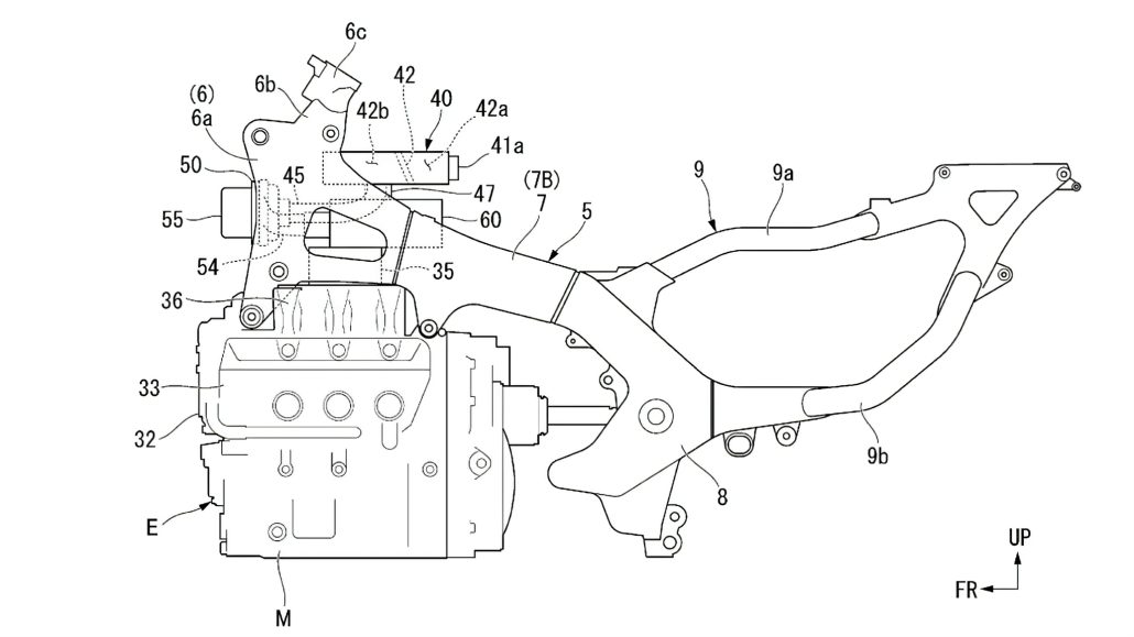 Honda E-Compressor Reihen-Vierzylindermotor 2026 – Patentzeichnung Detailansicht Motor und Rahmen mit E-Kompressor-Modul, Airbox-Anschluss und Rahmenstreben