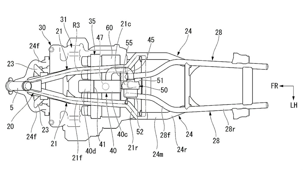 Honda E-Compressor 2026 – Patentzeichnung Draufsicht auf Motorrad-Antriebsstrang mit E-Kompressor, Schwinge und Rahmenstruktur von oben