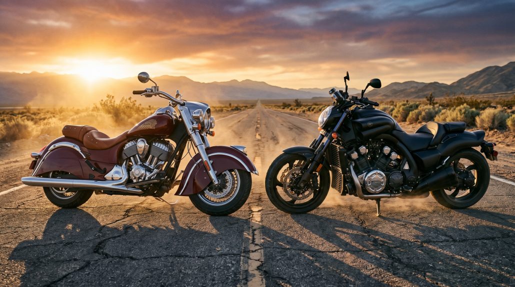 Indian gegen Harley: Wer hinter der Kampagne gegen Harley-Davidson stehen könnte Zwei amerikanische Cruiser-Motorraeder in dramatischem Standoff auf leerer Wuestenstrasse bei Sonnenuntergang – ein klassischer Cruiser mit Burgunderrot-Lackierung gegenueber einem aggressiven schwarzen V-Twin-Cruiser, symbolisiert die Rivalitaet zwischen Indian Motorcycle und Harley-Davidson