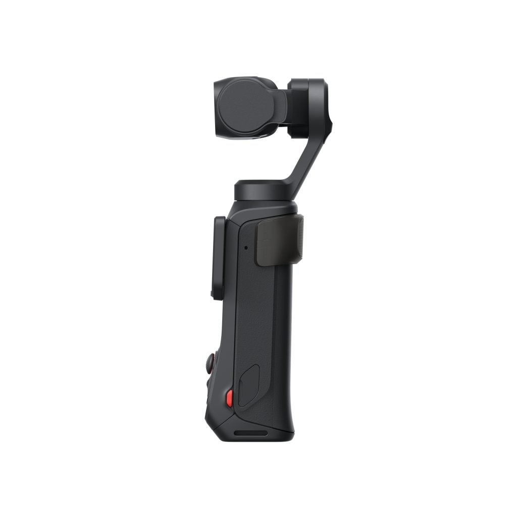 Insta360 Luna Ultra Gimbal-Kamera in Nacht Schwarz, rechte Seitenansicht mit Mikrofon und Bedienelementen, freigestellt vor weißem Hintergrund