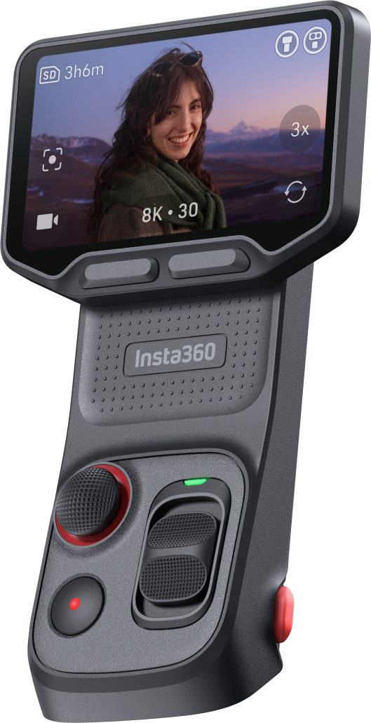 Insta360 Luna Ultra in Nacht Schwarz, Frontansicht des Bedienmoduls mit abnehmbarem Touchscreen und Doppelobjektiv, freigestellt vor weißem Hintergrund
