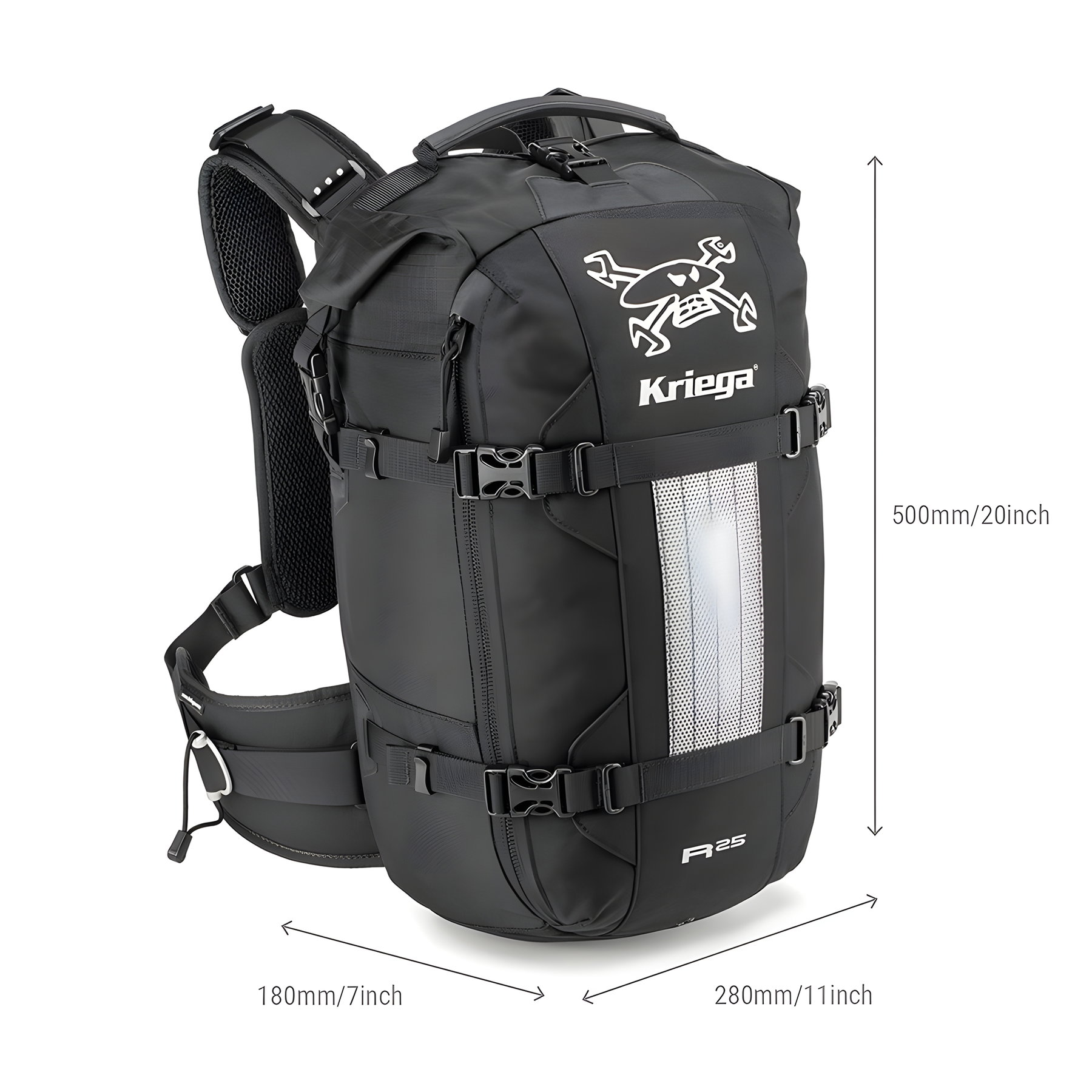 Kriega R25 Guy Martin Edition – Technische Zeichnung mit Abmessungen und Aufbau des Rucksacks