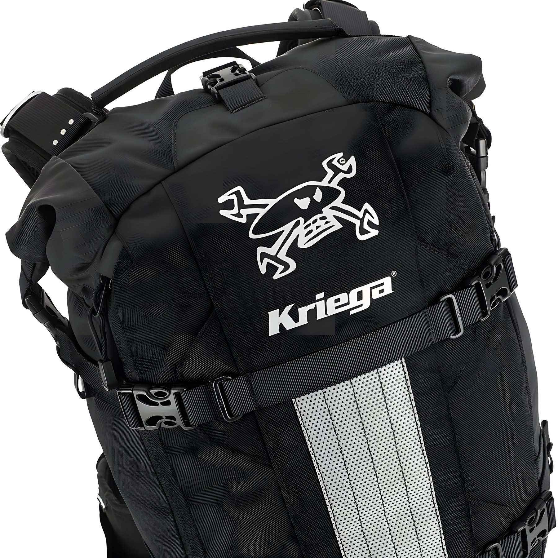Kriega R25 Guy Martin Edition – Reflektierendes Skull-and-Spanners-Logo auf der Rückseite des Rucksacks