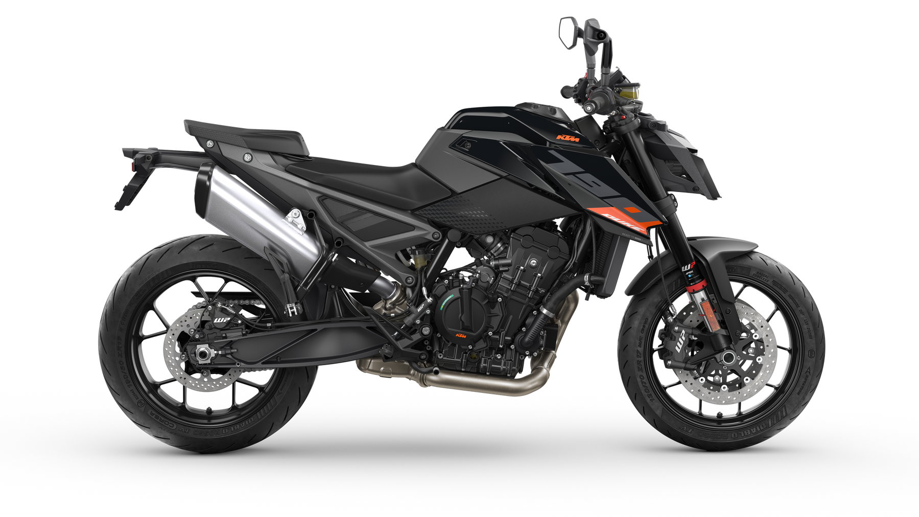KTM 790 Duke 2027 in Schwarz – Studio-Seitenansicht von rechts vor weißem Hintergrund