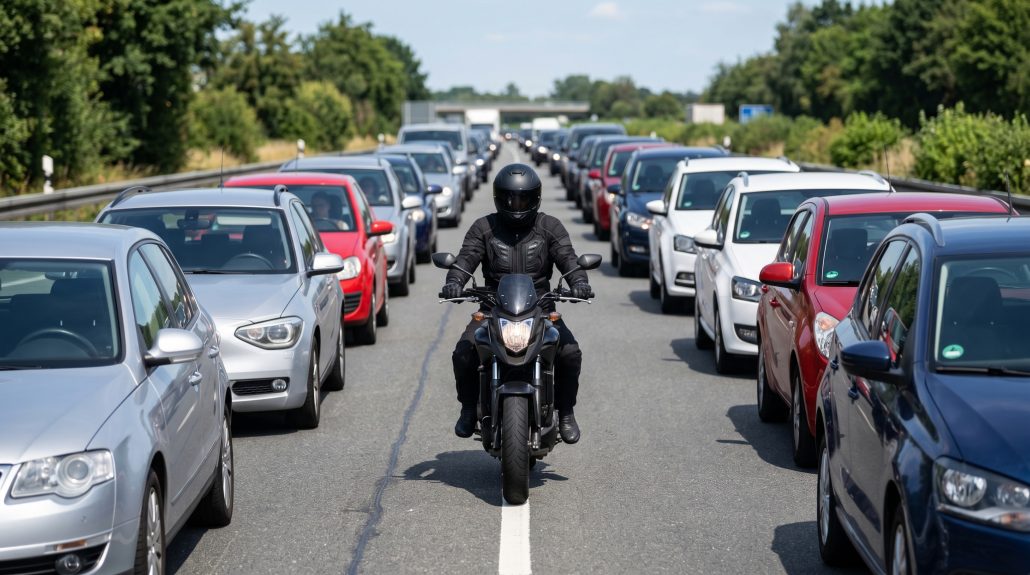 Motorrad im Stau: Bas-Debatte bringt Petition zur Staudurchfahrt in Schwung Motorradfahrer fährt bei Sommerhitze zwischen zwei stehenden Autospuren auf einer deutschen Autobahn hindurch – Lane Splitting in Deutschland