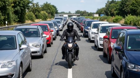 Motorradfahrer fährt bei Sommerhitze zwischen zwei stehenden Autospuren auf einer deutschen Autobahn hindurch – Lane Splitting in Deutschland