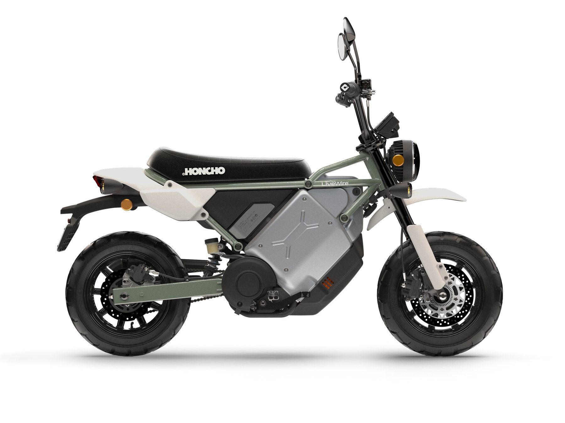LiveWire S4 Honcho: Electric Minibike from 5,299 Euros Enters Production 1 LiveWire S4 Honcho Street 2026 -- Studio-Render der Seitenansicht von links in Mossy-Oat-Gruen mit Spiegeln und Strassenreifen vor weissem Hintergrund