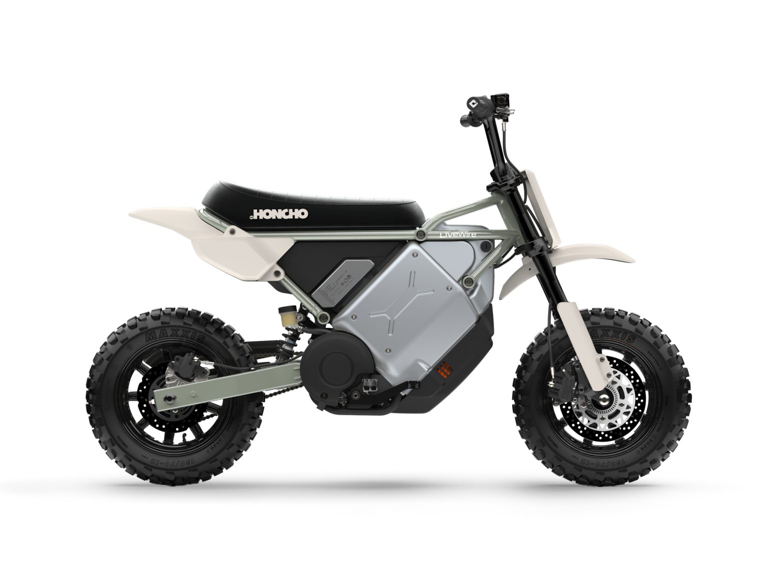LiveWire S4 Honcho: Electric Minibike from 5,299 Euros Enters Production LiveWire S4 Honcho Trail 2026 – Studio-Render der Seitenansicht von links in Mossy-Oat-Grün mit grobstolligen Maxxis-Reifen vor weißem Hintergrund