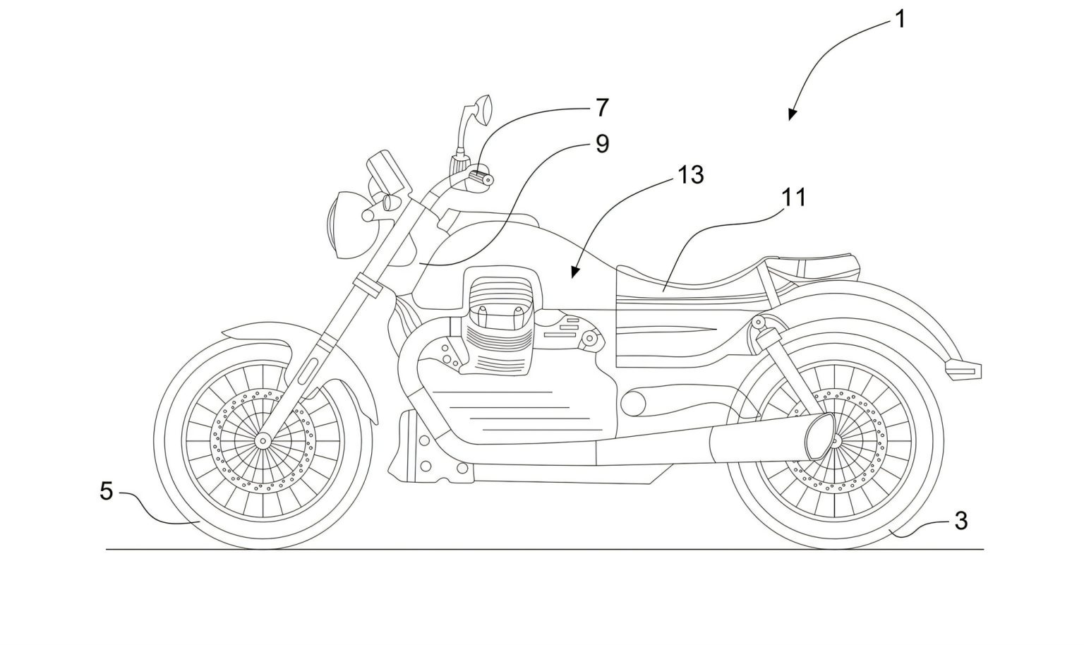 Moto Guzzi Hybrid: Patent deutet Comeback der großen Cruiser an Moto Guzzi Hybrid 2026 – Patentzeichnung eines Cruisers im Eldorado-Stil mit längs eingebautem V-Twin, niedriger Sitzbank und Kardanantrieb (Quelle: Patent, AMCN)