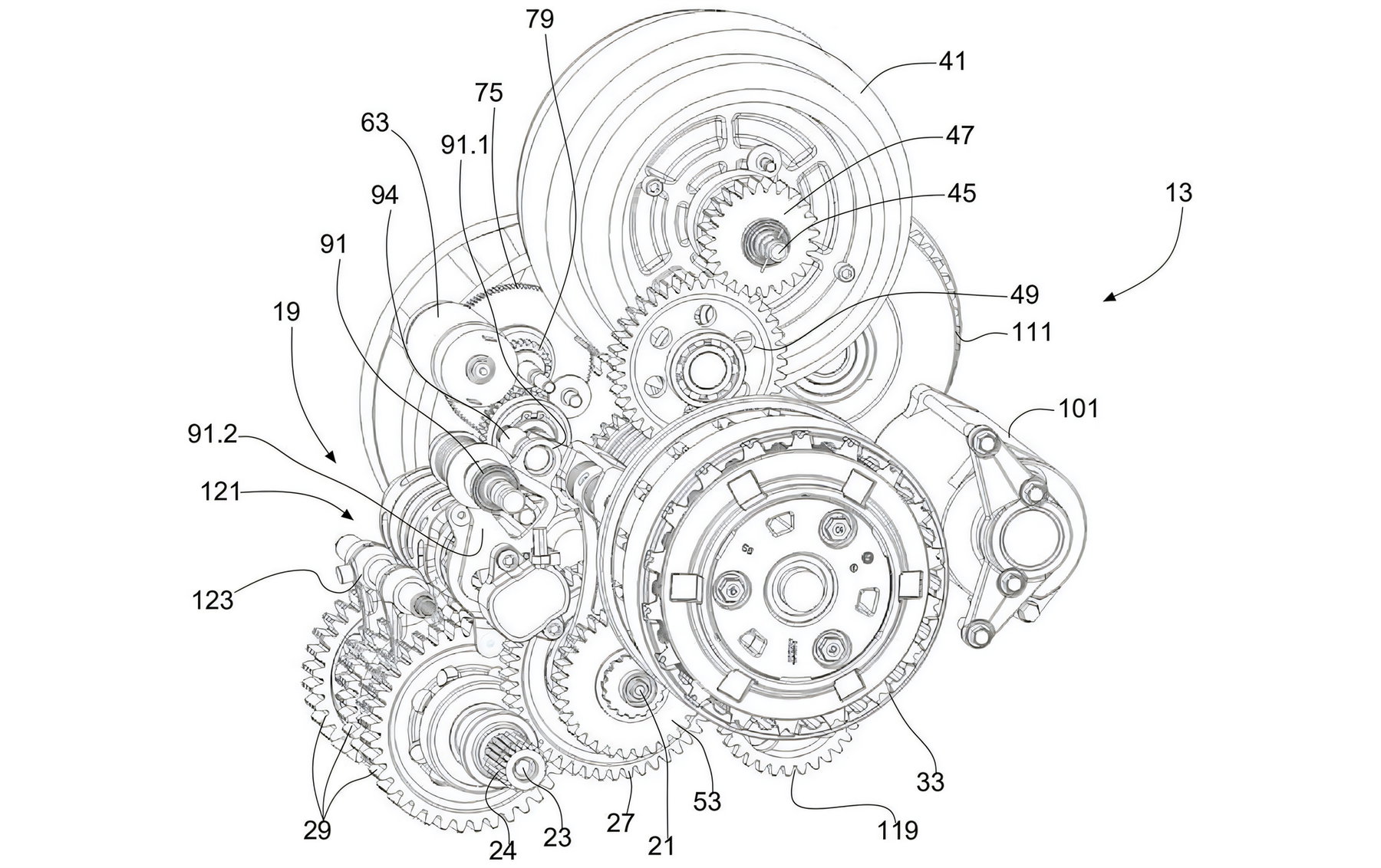 Moto Guzzi Hybrid: Patent deutet Comeback der großen Cruiser an 3 Moto Guzzi Hybrid 2026 – Patent-Schnittzeichnung von Motor und Getriebe: Kurbelwelle mit hybridtauglichem Sechsganggetriebe und Kupplung, Elektromotor am Getriebeeingang