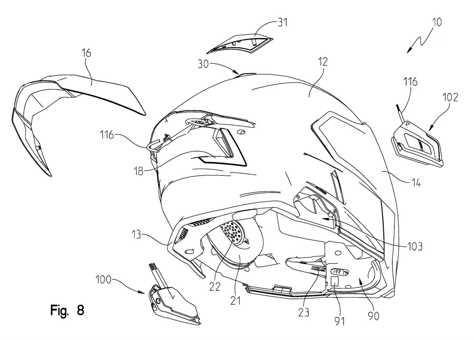 Polaris Smart-Helm Patent 2026 – Patentzeichnung Fig. 8 Explosionsdarstellung mit Helmschale, abnehmbarem Visier-Spoiler, Belüftungsöffnungen, Sensor-Pod mit Steckverbindung, Seitenpods mit Halterungen und Kinnbereich mit Lautsprecher
