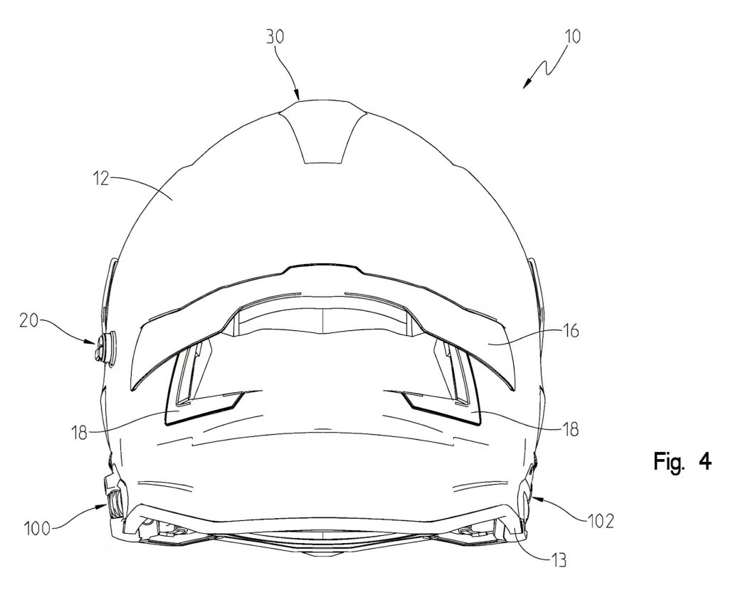 Polaris Smart-Helm Patent 2026 – Patentzeichnung Fig. 4 Rückansicht mit Helmschale, Visier, Spoiler, Belüftungsschlitzen und abnehmbarem Sensor-Pod mit Drehregler