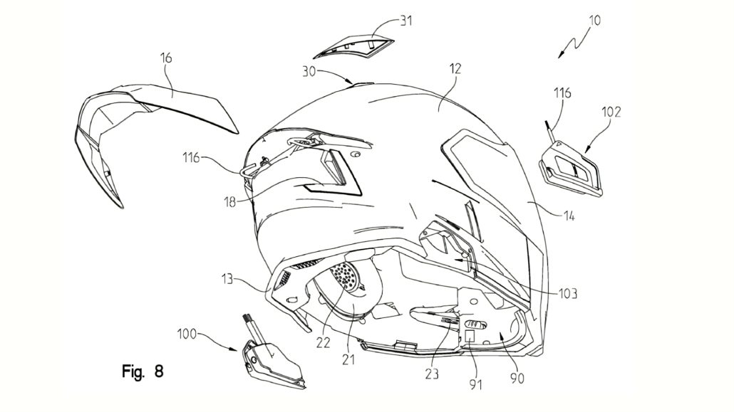 Polaris Smart-Helm Patent 2026 – Patentzeichnung Fig. 8 Explosionsdarstellung mit allen Smart-Helm-Komponenten: Helmschale, Spoiler, Visier, Sensorpods, Lautsprecher und Kinnverschluss-System