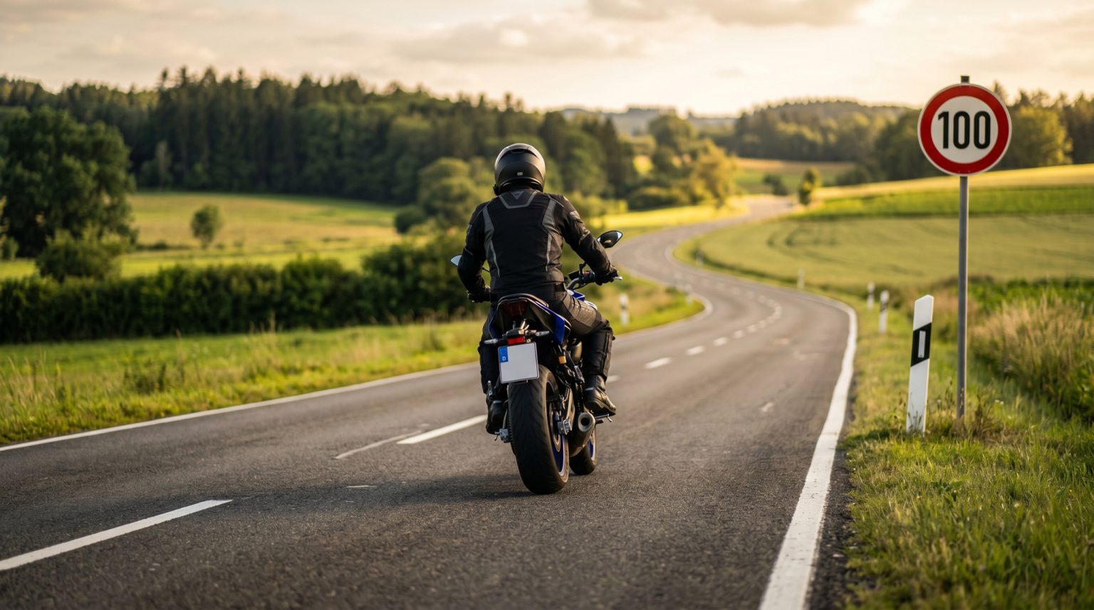 Punktehandel verboten: Was sich zum 1. Juli im Verkehrsrecht ändert Motorradfahrer von hinten auf kurviger deutscher Landstraße mit Tempo-100-Schild und Leitpfosten bei goldenem Abendlicht, grüne Hügellandschaft im Hintergrund – Symbolbild Straßenverkehrsgesetz 2026