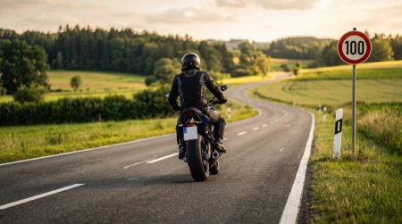 Motorradfahrer von hinten auf kurviger deutscher Landstraße mit Tempo-100-Schild und Leitpfosten bei goldenem Abendlicht, grüne Hügellandschaft im Hintergrund – Symbolbild Straßenverkehrsgesetz 2026