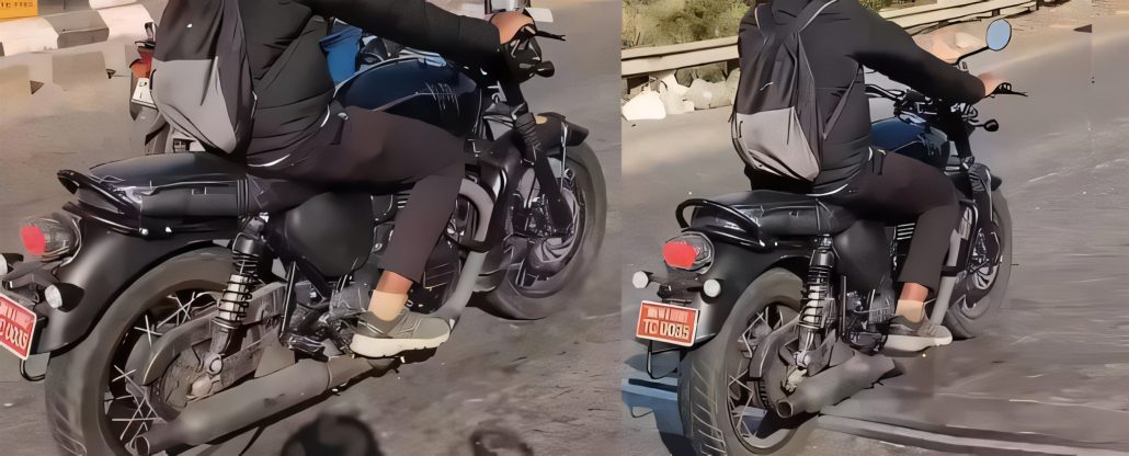 Triumph Bonneville 400 2026 – Testfahrt-Spionageaufnahme mit Fahrer in Indien, Seitenansicht links und rechts mit rotem Testkennzeichen MH01 TC 0035