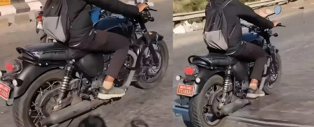 Triumph Bonneville 400 2026 – Testfahrt-Spionageaufnahme mit Fahrer in Indien, Seitenansicht links und rechts mit rotem Testkennzeichen MH01 TC 0035