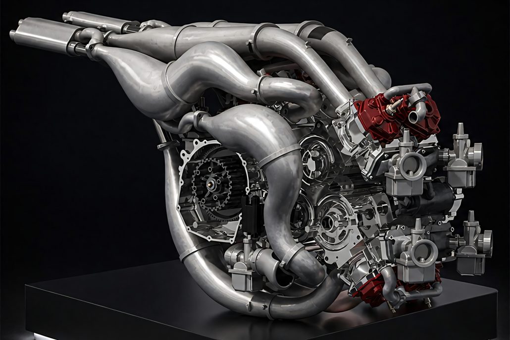 Veloce Aperion 2026 – X8-Achtzylinder-Zweitaktmotor Rendering linke Seite mit sichtbarem 6-Gang-Getriebe, roten Zylinderköpfen und lasergesinterter Resonanzauspuffanlage