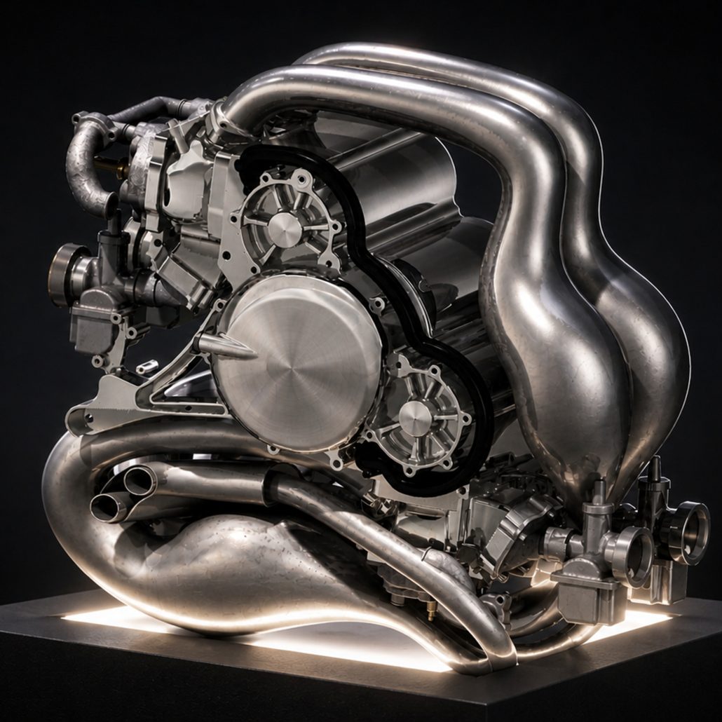 Veloce Ethereal 2026 – L4-Vierzylinder-Zweitaktmotor Rendering mit kompakten Expansionskammern, 145 PS bei 12.000 U/min, auf beleuchtetem Sockel
