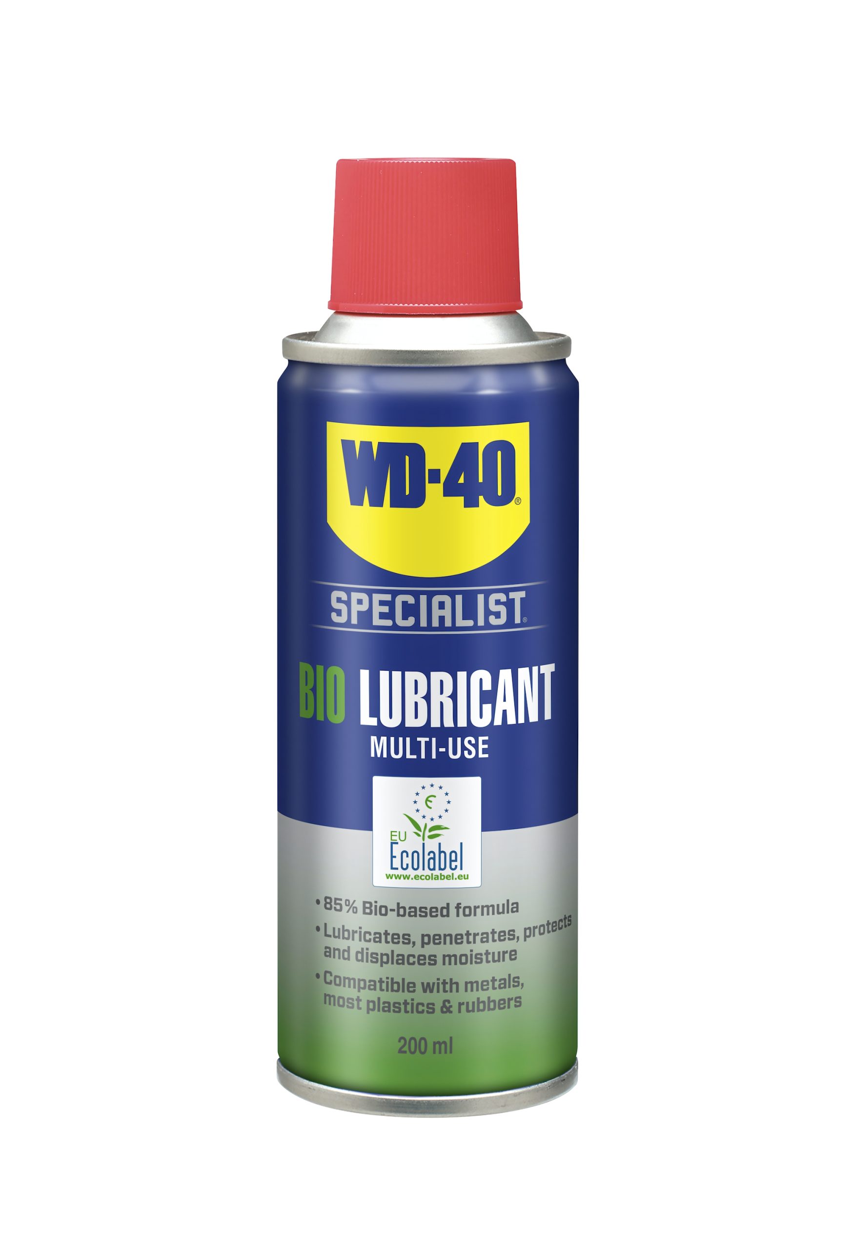 WD-40 Specialist Bio-Schmierspray Multifunktional 200 ml Sprühdose mit rotem Deckel und EU-Ecolabel, freigestellt vor weißem Hintergrund