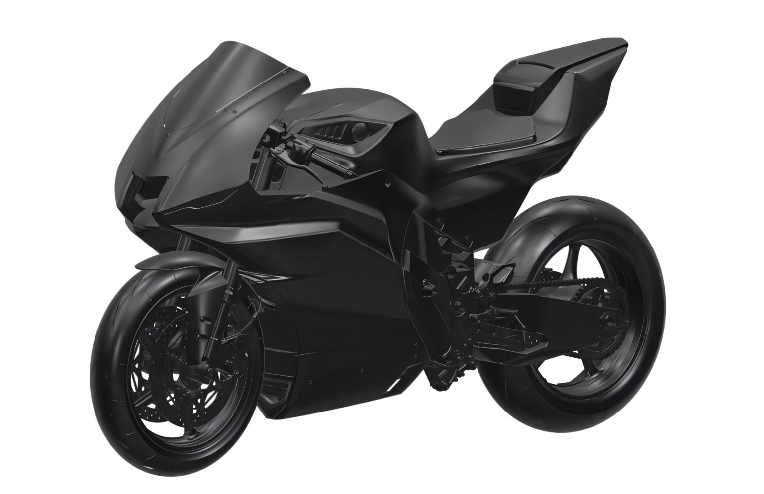 Yamaha Patent Reveals: Electric Sportbike Moves Closer to the Road Yamaha Proto-BEV Elektro-Sportler 2026 – CAD-Rendering als dunkles 3D-Modell in Dreiviertelansicht von vorne mit Vollverkleidung und Supersport-Silhouette
