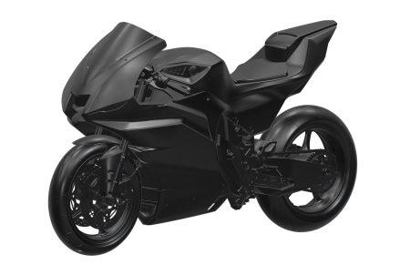 Yamaha Proto-BEV Elektro-Sportler 2026 – CAD-Rendering als dunkles 3D-Modell in Dreiviertelansicht von vorne mit Vollverkleidung und Supersport-Silhouette