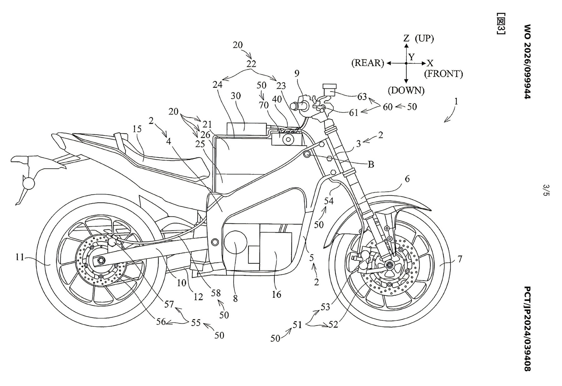 Yamaha Patent Reveals: Electric Sportbike Moves Closer to the Road 3 Yamaha Electric Sportbike 2026 – Patent drawing from the right showing visible charging port, beam frame and battery-motor arrangement (WO 2026/099944, Sheet 3/5)