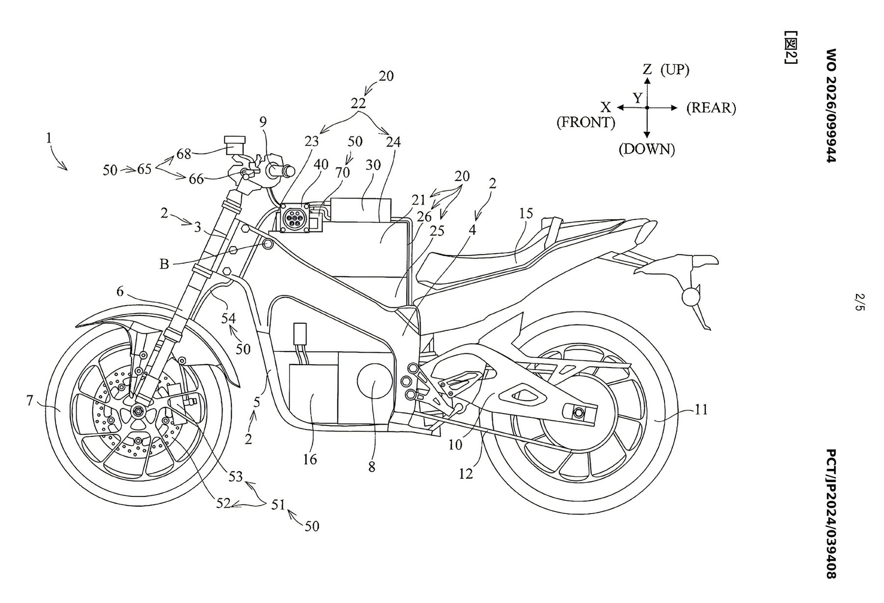 Yamaha Patent Reveals: Electric Sportbike Moves Closer to the Road 2 Yamaha Electric Sportbike 2026 – Patent drawing from the left without fairing showing beam frame, battery pack, ABS unit behind the steering head and AC fast charger (WO 2026/099944, Sheet 2/5)