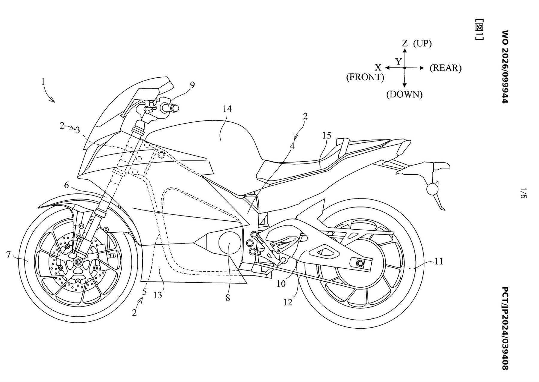 Yamaha Patent Reveals: Electric Sportbike Moves Closer to the Road 1 Yamaha Electric Sportbike 2026 – Patent drawing in side view with full fairing and numbered components of the electric powertrain (WO 2026/099944, Sheet 1/5)