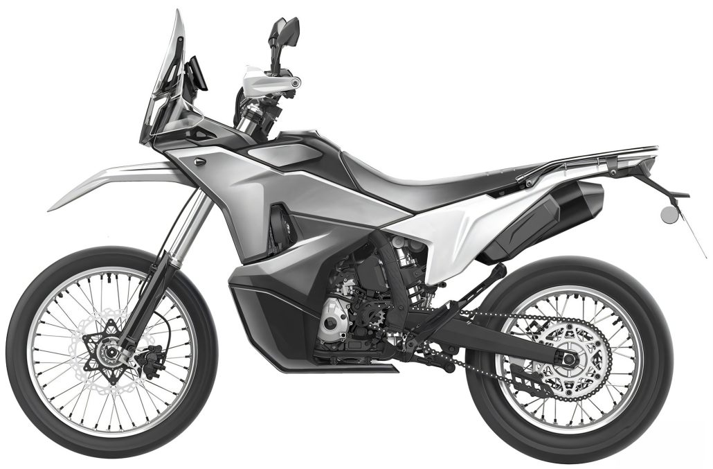 Kove 350 Rally design patent 2026 – front view showing the new stacked headlight design