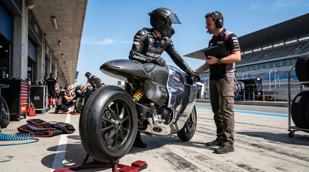Bandit9 Ducati 821 – Rider in racing suit approaching the motorcycle parked in the pit lane