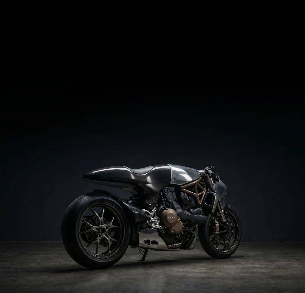 Bandit9 Ducati 821 – Side view in the studio showing the Ducati L-twin engine and trellis frame