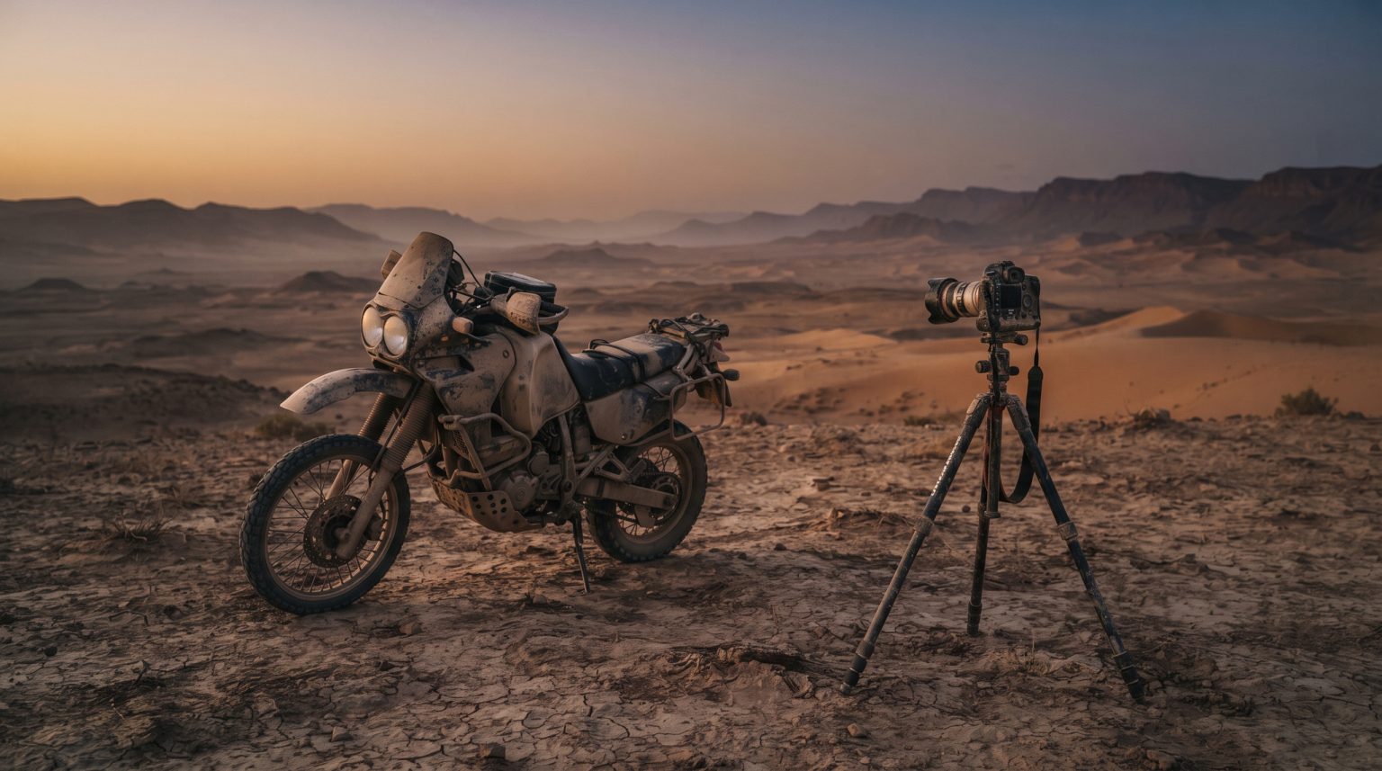 Deutscher Rallye-Fotograf im Iran inhaftiert: Community sammelt Spenden Symbolbild (KI-generiert): Staubiges Reise-Enduro-Motorrad neben Fotokamera auf Stativ in einsamer Wuestenlandschaft in der Daemmerung, ohne Personen