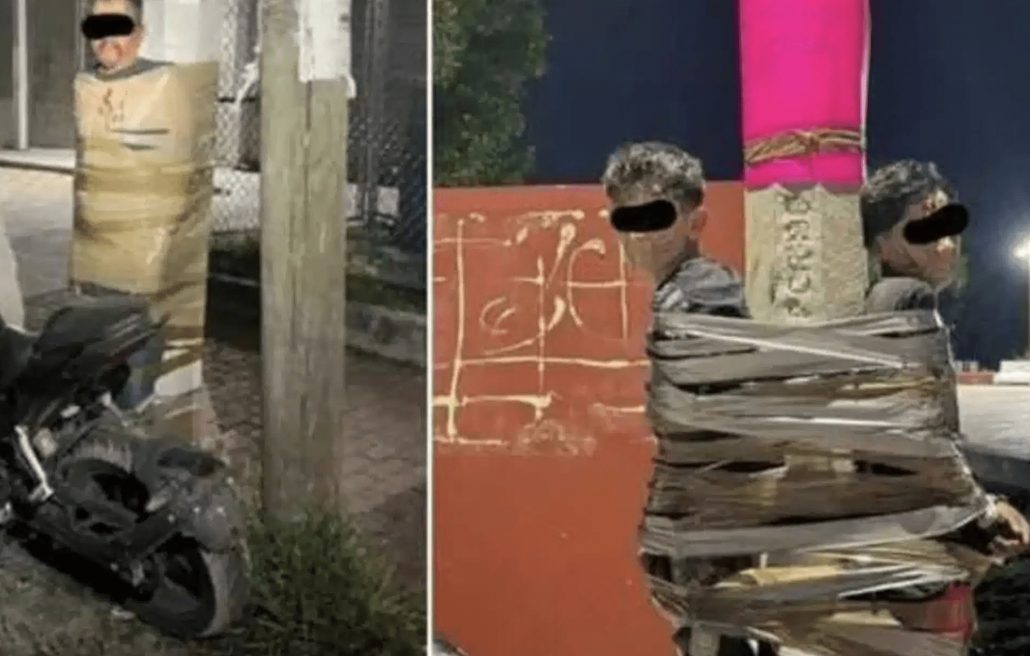 Mexikos Batman klebt Motorraddiebe an Masten: Behörden ermitteln 3 Zwei Szenen von mutmasslichen Motorraddieben die in Lagos de Moreno Mexiko mit Klebeband an Masten und Saeulen gefesselt wurden