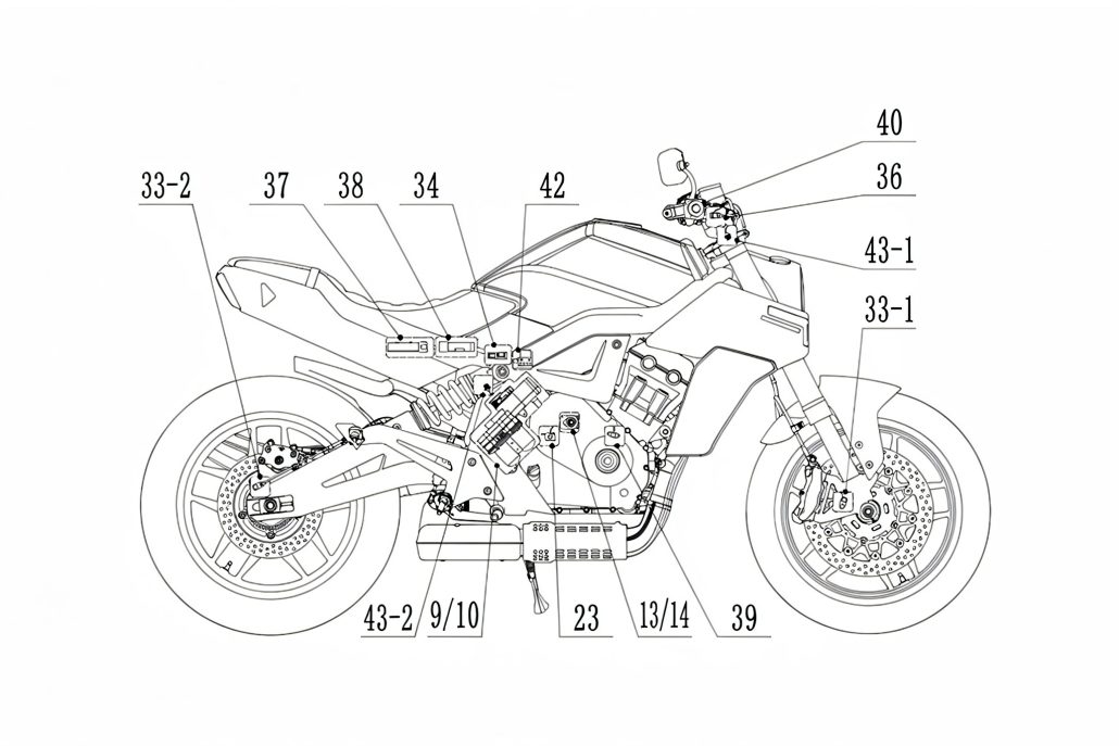 Benda geht eigenen Weg: DCT mit zwei getrennten Kupplungen 5 Benda DCT 2026 – Patentzeichnung der kompletten Motorrad-Seitenansicht mit nummerierten Bauteilen des elektromechanischen DCT-Systems