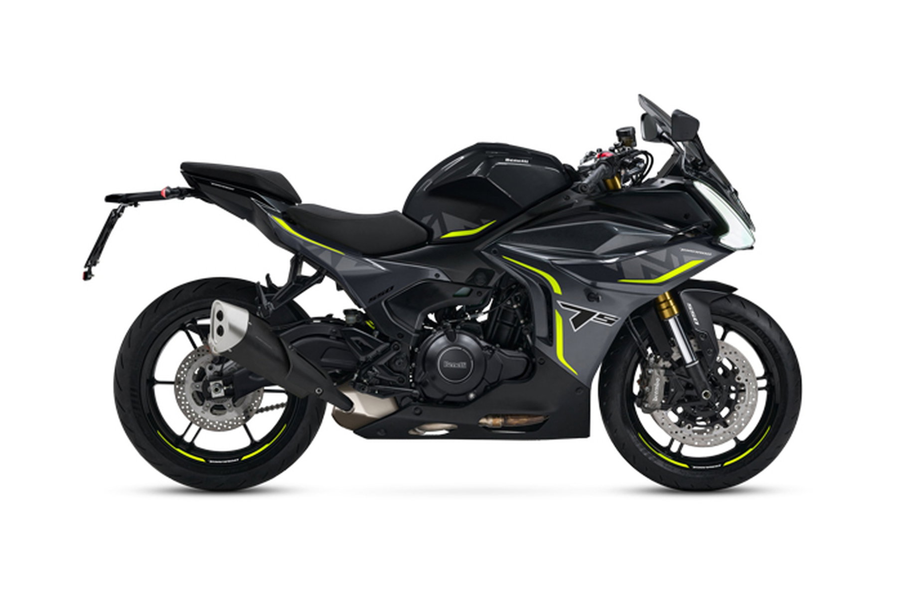 Benelli Tornado 550: In Europe Since 2025, Now Launching in the US for $5,999 4 Benelli Tornado 550 2026 in Midnight Black, studio shot from the left side: dark grey to black fairing with neon-yellow accent lines and wheels, twin exhaust, isolated on a white background