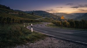 Menschenleere kurvige Landstraße durch Weinberghänge in der Abenddämmerung, Leitpfosten und gelbes Kurven-Warnschild am Straßenrand, symbolisches KI-Stimmungsbild ohne Bezug zu einem konkreten Tatort