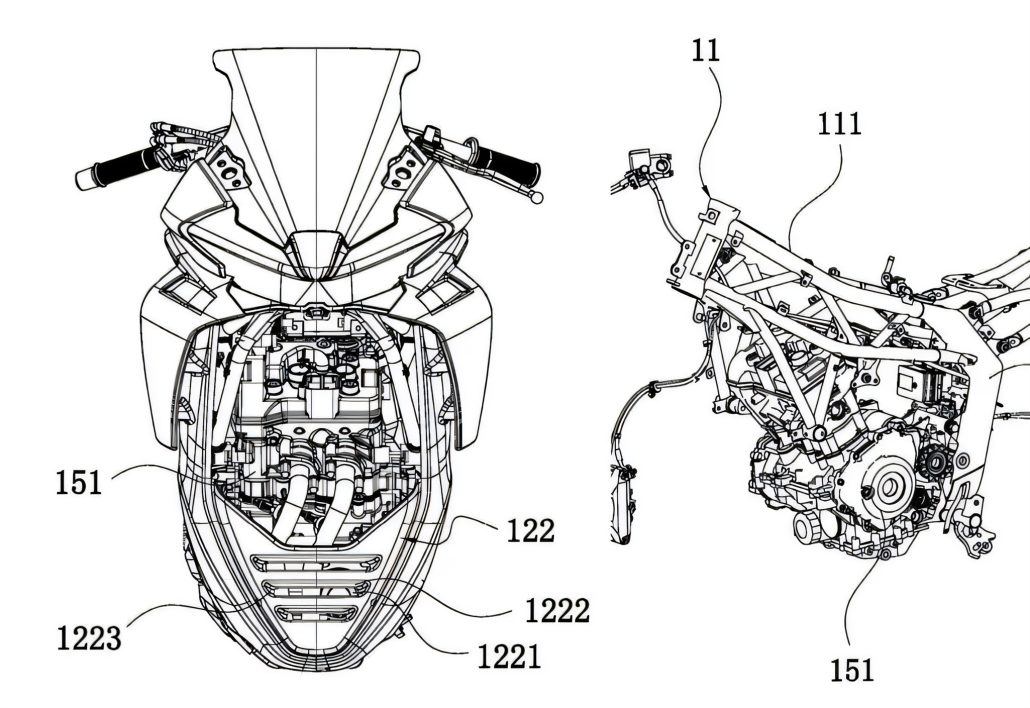 CFMoto 250SR-R: Zweizylinder-Sportler nimmt die Yamaha R3 ins Visier 1 CFMoto 250SR-R 2026 – Patentzeichnung von Frontverkleidung mit Doppelscheinwerfer und Reihenzweizylinder-Motor (Explosionsansicht)