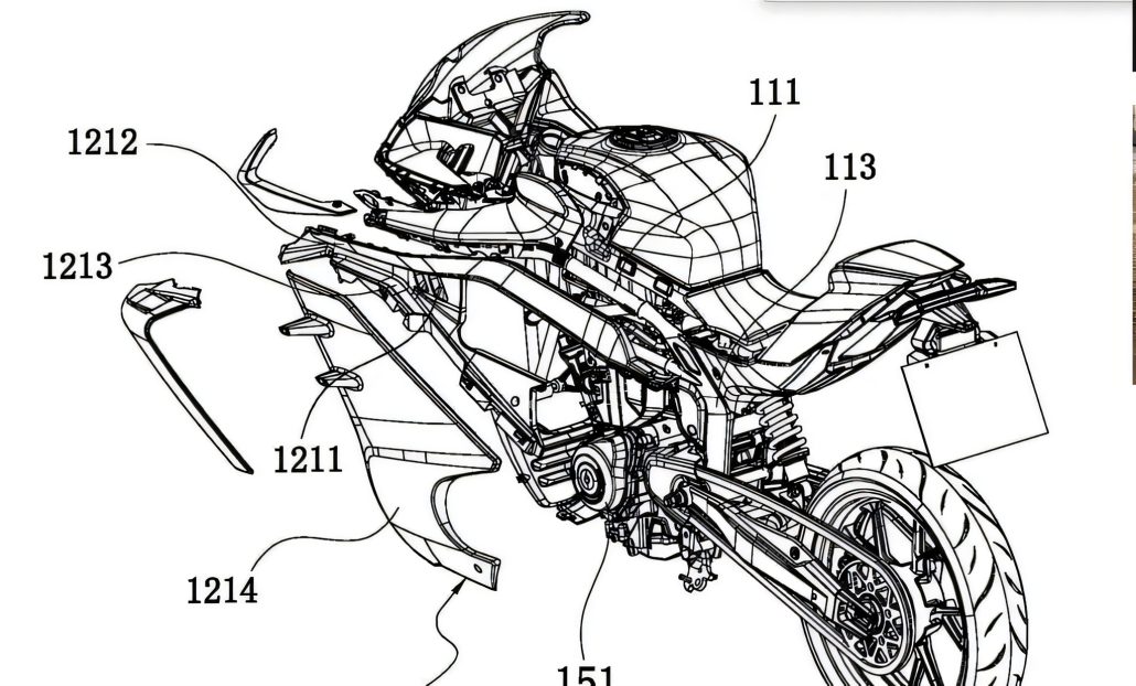 CFMoto 250SR-R: Zweizylinder-Sportler nimmt die Yamaha R3 ins Visier 3 CFMoto 250SR-R 2026 – Patentzeichnung von Rahmen und Heckpartie mit Federbein, Bauteile 111/113/1211-1214 beschriftet